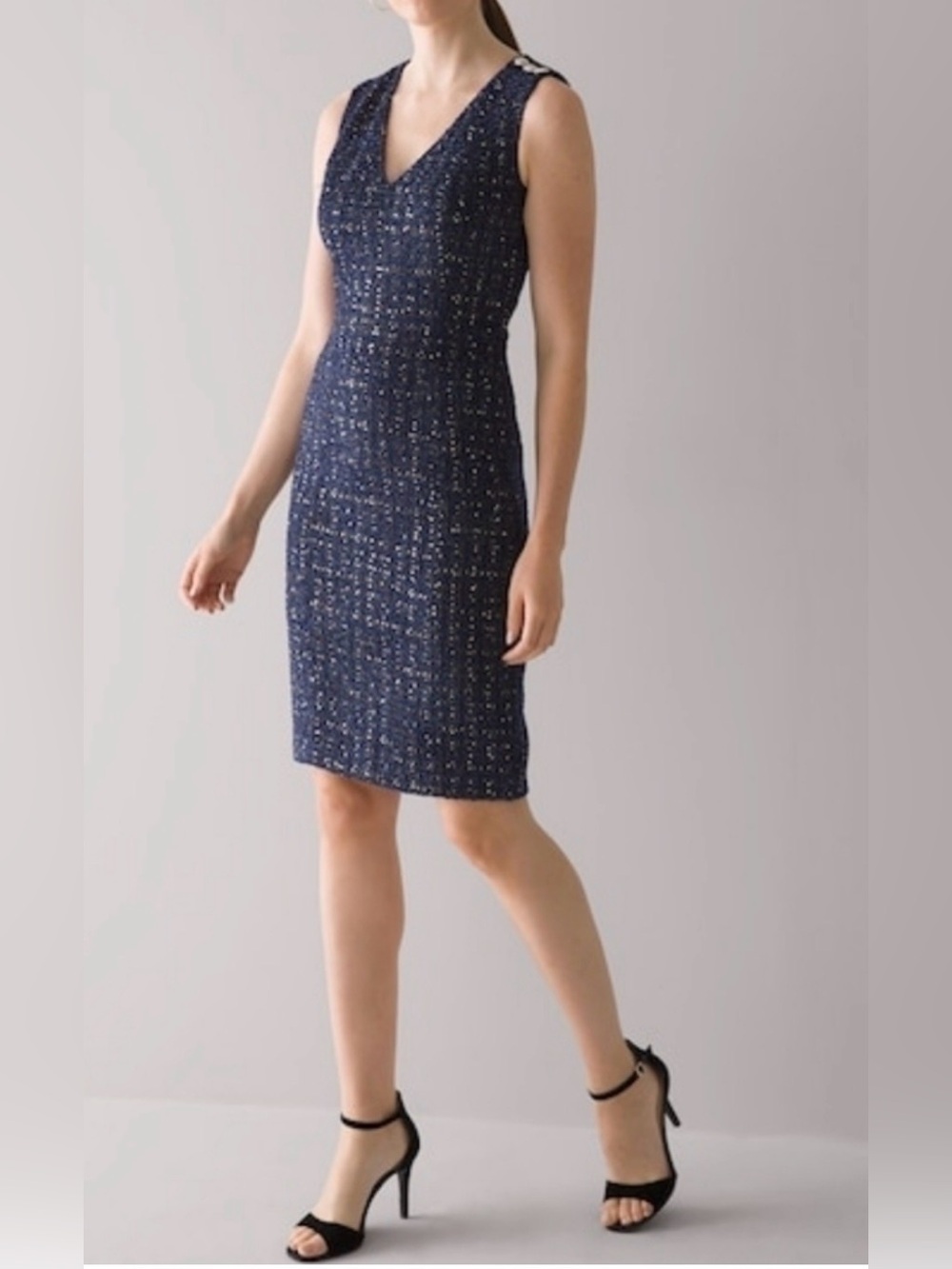 White House Black Market Navy Gold Sparkly Tweed V-Neck Sheath Dress, 8